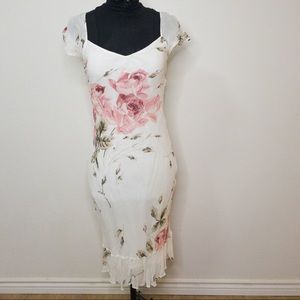 Romantic soft girl white with pink rose beaded midi dress sweetheart neckline